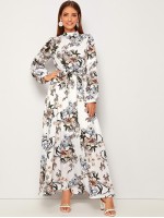 Allover Floral Print Self Tie Swing Maxi One Piece Dress