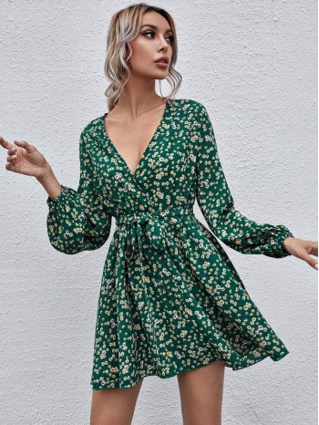 Bishop Sleeve Self Belted Ditsy Floral Dress