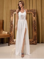 Backless Split Thigh Lace Bodice Chiffon Dress