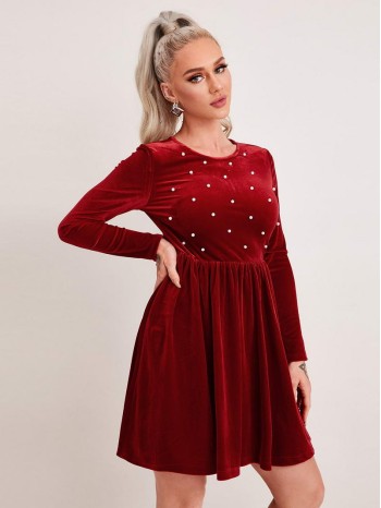 Zipper Back Pearls Beaded Velvet Dress