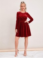 Zipper Back Pearls Beaded Velvet Dress