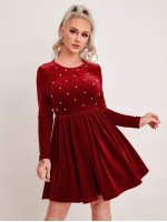 Zipper Back Pearls Beaded Velvet Dress