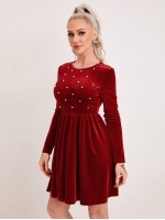 Zipper Back Pearls Beaded Velvet Dress