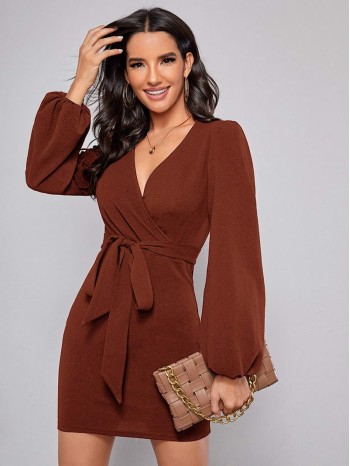 Bishop Sleeve Surplice Neck Belted Bodycon Dress