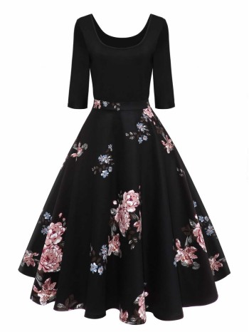 50s Floral Print Flare Combo Dress