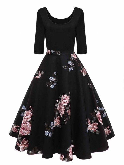 50s Floral Print Flare Combo Dress