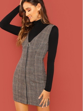 Zip Up Glen Plaid Overall Dress