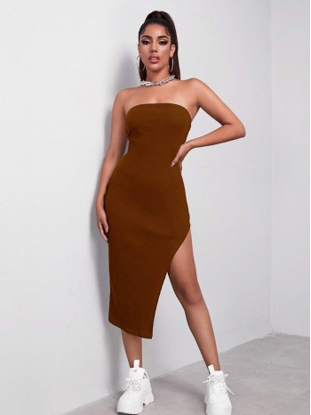 Asymmetrical Hem Rib-knit Bodycon Dress