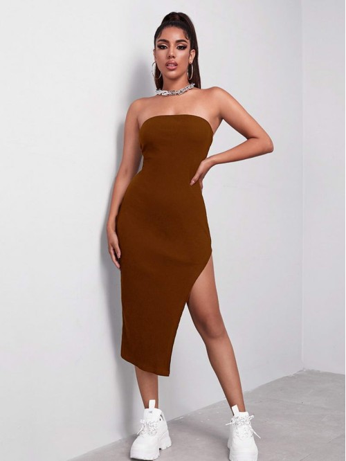 Asymmetrical Hem Rib-knit Bodycon Dress