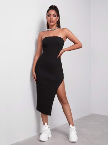 Asymmetrical Hem Rib-knit Bodycon Dress