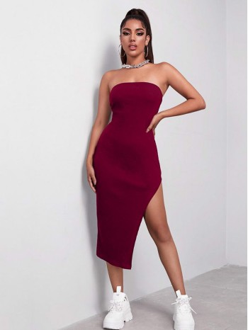 Asymmetrical Hem Rib-knit Bodycon Dress