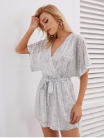 Batwing Sleeve Belted Sequin Dress