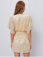 Batwing Sleeve Belted Sequin Dress