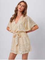 Batwing Sleeve Belted Sequin Dress