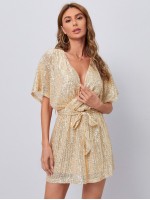 Batwing Sleeve Belted Sequin Dress