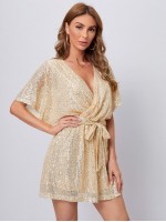 Batwing Sleeve Belted Sequin Dress