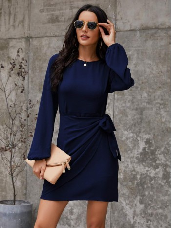 Bishop Sleeve Tie Side Wrap Dress