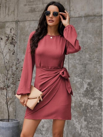 Bishop Sleeve Tie Side Wrap Dress