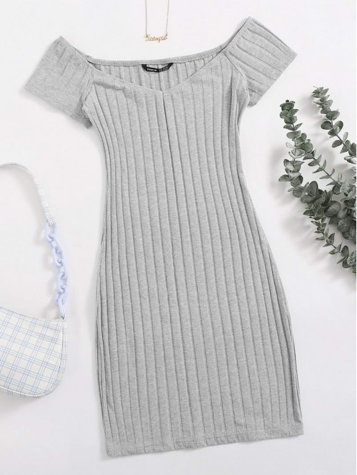 V-Neck Rib-knit Bodycon Dress