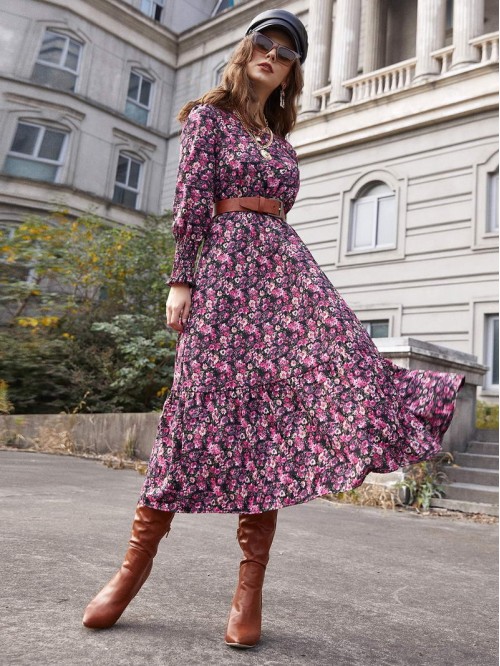 Allover Floral Print Ruffle Hem Dress Without Belt