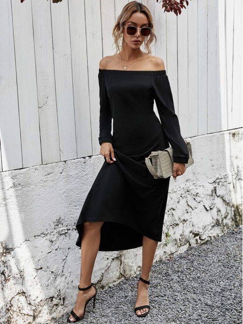 Asymmetrical Hem Solid Bardot Dress