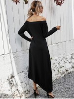 Asymmetrical Hem Solid Bardot Dress