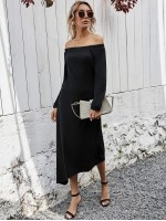 Asymmetrical Hem Solid Bardot Dress