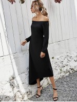 Asymmetrical Hem Solid Bardot Dress