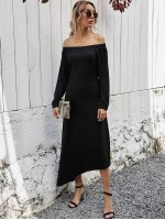 Asymmetrical Hem Solid Bardot Dress