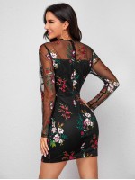 Zipper Back Embroidery Mesh Overlay Dress