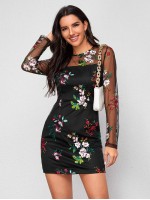 Zipper Back Embroidery Mesh Overlay Dress