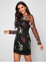 Zipper Back Embroidery Mesh Overlay Dress