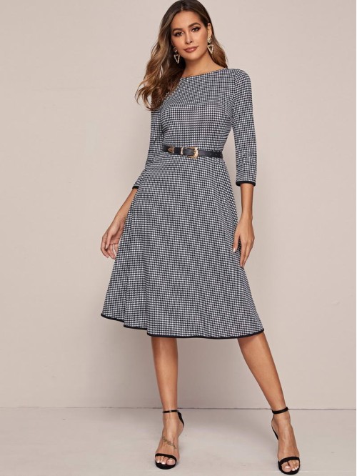 Binding Detail Houndstooth Fit & Flare Dress Without Belt