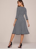 Binding Detail Houndstooth Fit & Flare Dress Without Belt