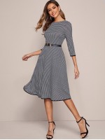 Binding Detail Houndstooth Fit & Flare Dress Without Belt