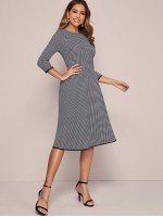 Binding Detail Houndstooth Fit & Flare Dress Without Belt