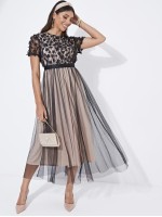 3D Appliques Mesh Overlay Fit and Flare Dress