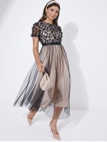 3D Appliques Mesh Overlay Fit and Flare Dress