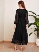 V-neck Lantern Sleeve Sheer Mesh Overlay Dress With Belt