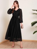 V-neck Lantern Sleeve Sheer Mesh Overlay Dress With Belt