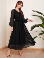 V-neck Lantern Sleeve Sheer Mesh Overlay Dress With Belt