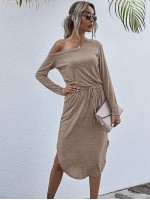 Space Dye Asymmetrical Neck Curved Hem Tee Dress