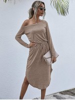 Space Dye Asymmetrical Neck Curved Hem Tee Dress