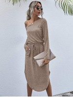 Space Dye Asymmetrical Neck Curved Hem Tee Dress