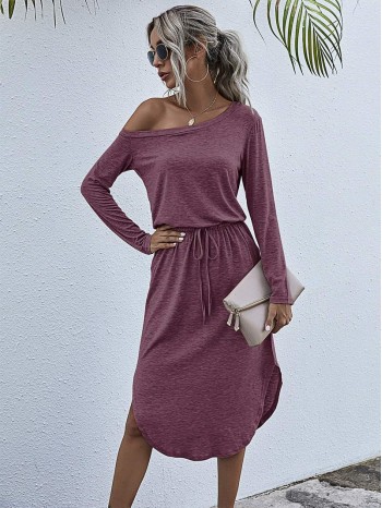 Space Dye Asymmetrical Neck Curved Hem Tee Dress