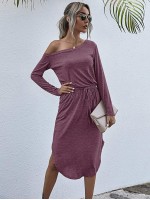 Space Dye Asymmetrical Neck Curved Hem Tee Dress