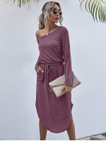 Space Dye Asymmetrical Neck Curved Hem Tee Dress