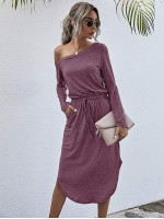 Space Dye Asymmetrical Neck Curved Hem Tee Dress