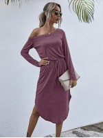 Space Dye Asymmetrical Neck Curved Hem Tee Dress