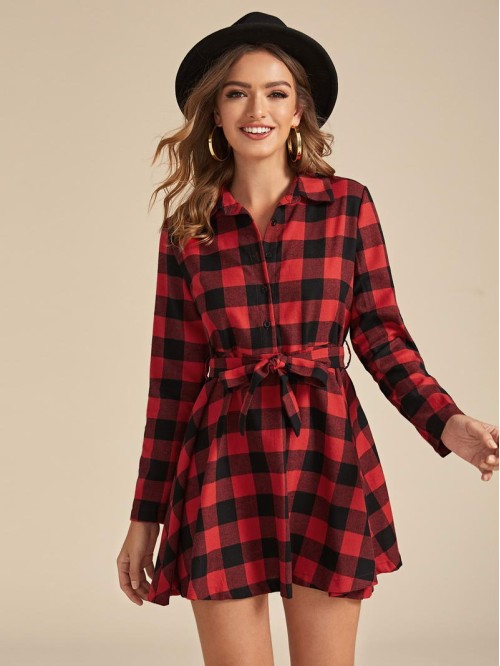 Gingham Half Button Belted Shirt Dress